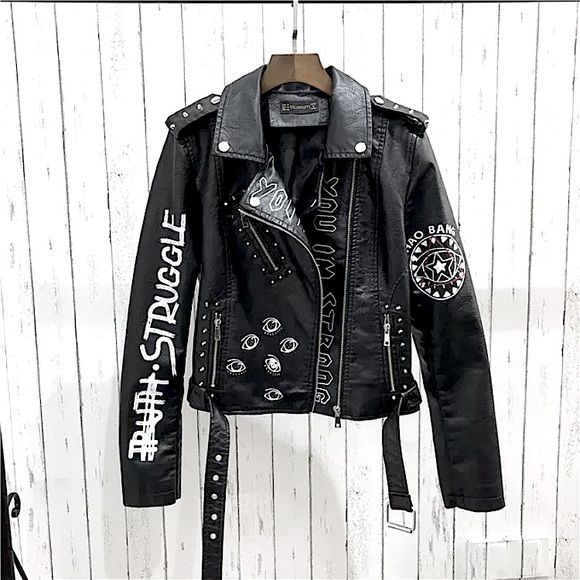 NWOT Black faux leather graffiti studded jacket - Picture 2 of 16